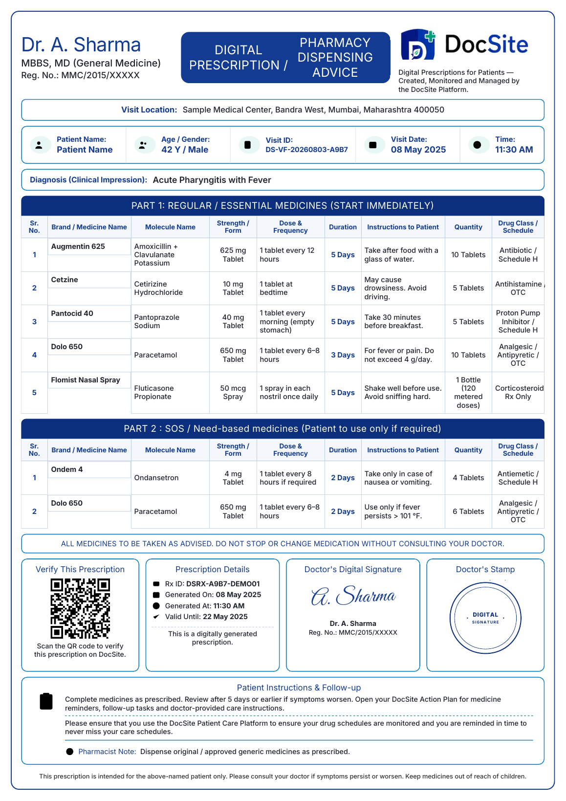 Sample DocSite Digital Prescription — pharmacy-ready A4 layout with doctor identity, patient details, medicines, QR verification, digital signature and stamp